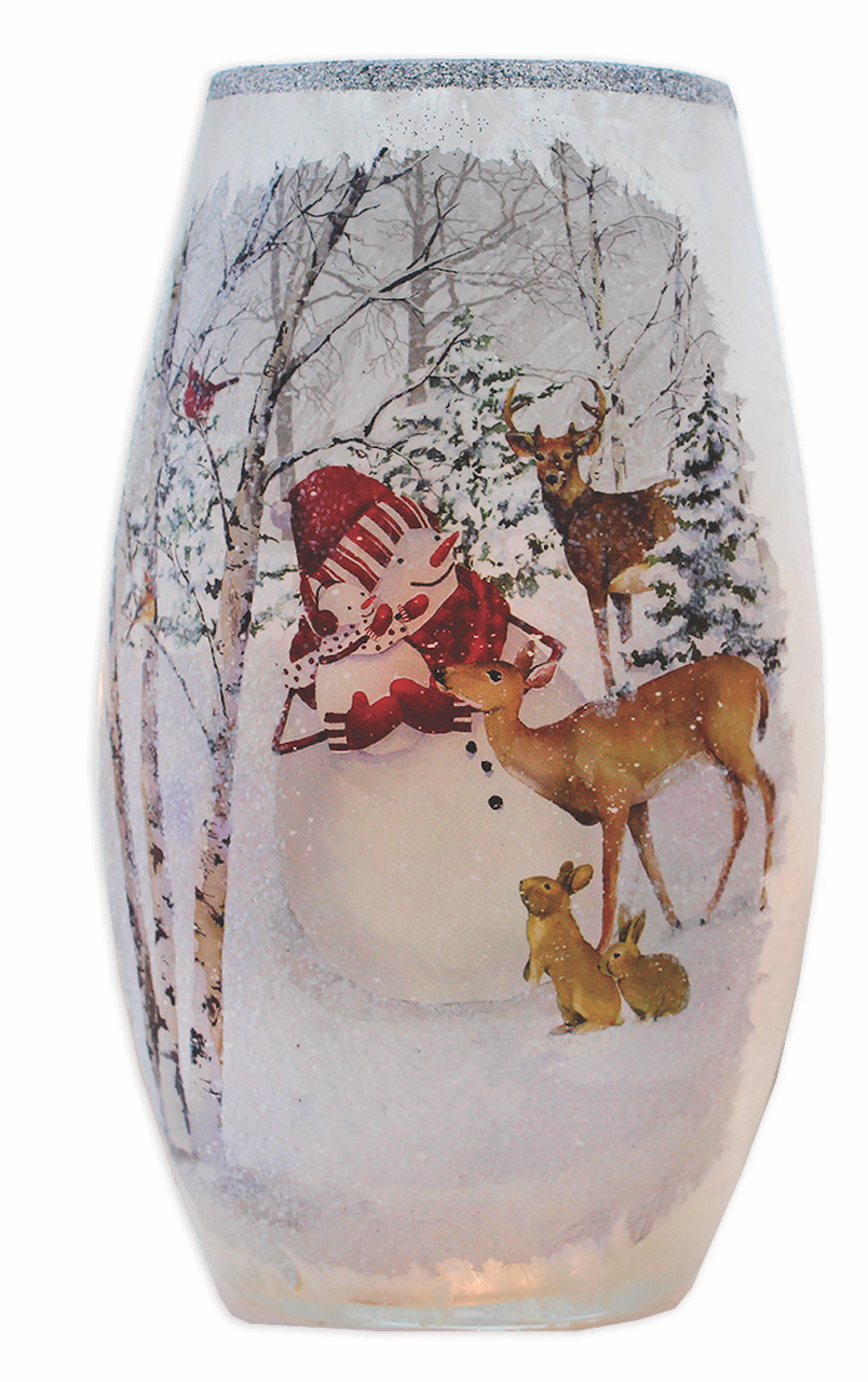 Stony Creek Deer and Happy Snowman Winter Scene 7" Lit Vase