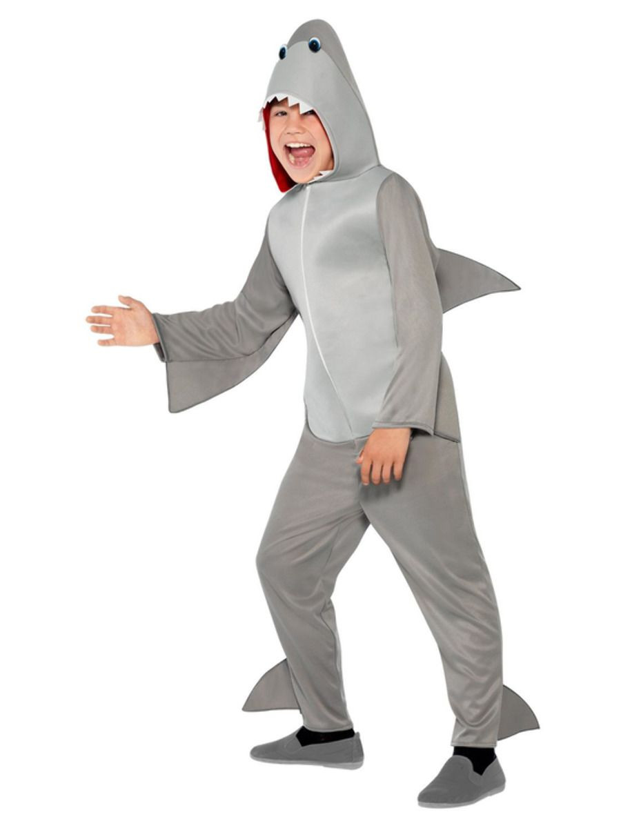 Children's Shark Costume, Grey, with Hooded Jumpsuit & Fins, Medium