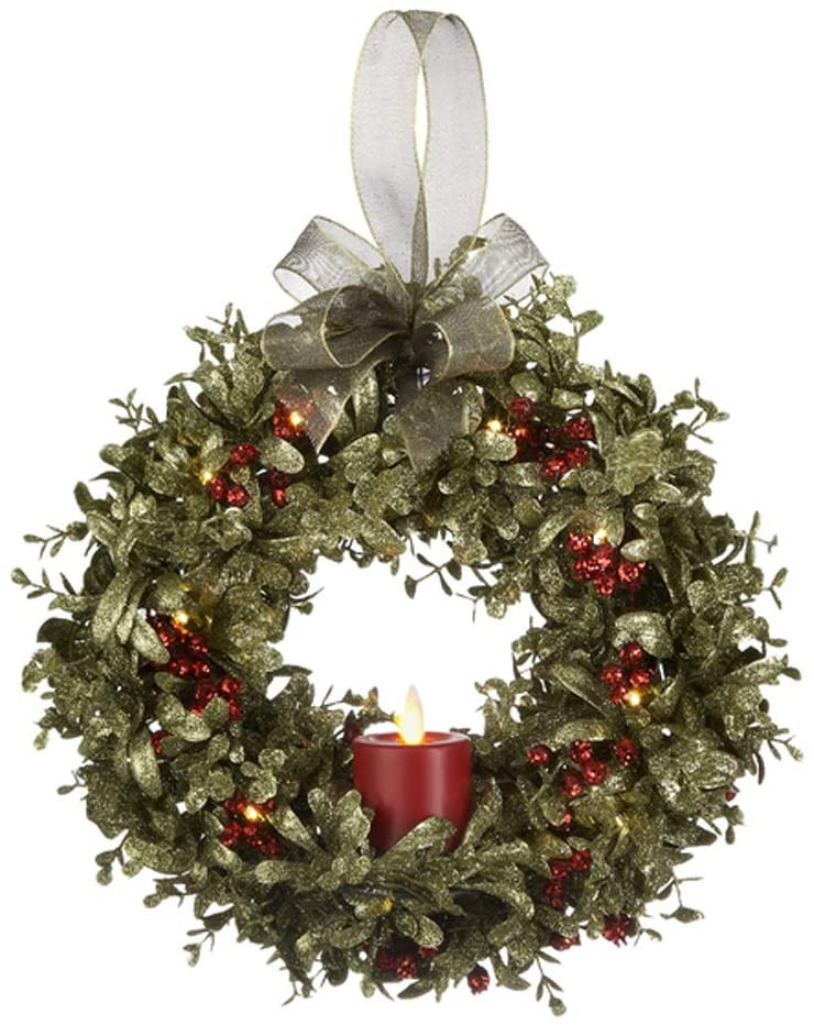 Mistletoe Light Up Wreath with Votive, Multicolor,10 inches diameter