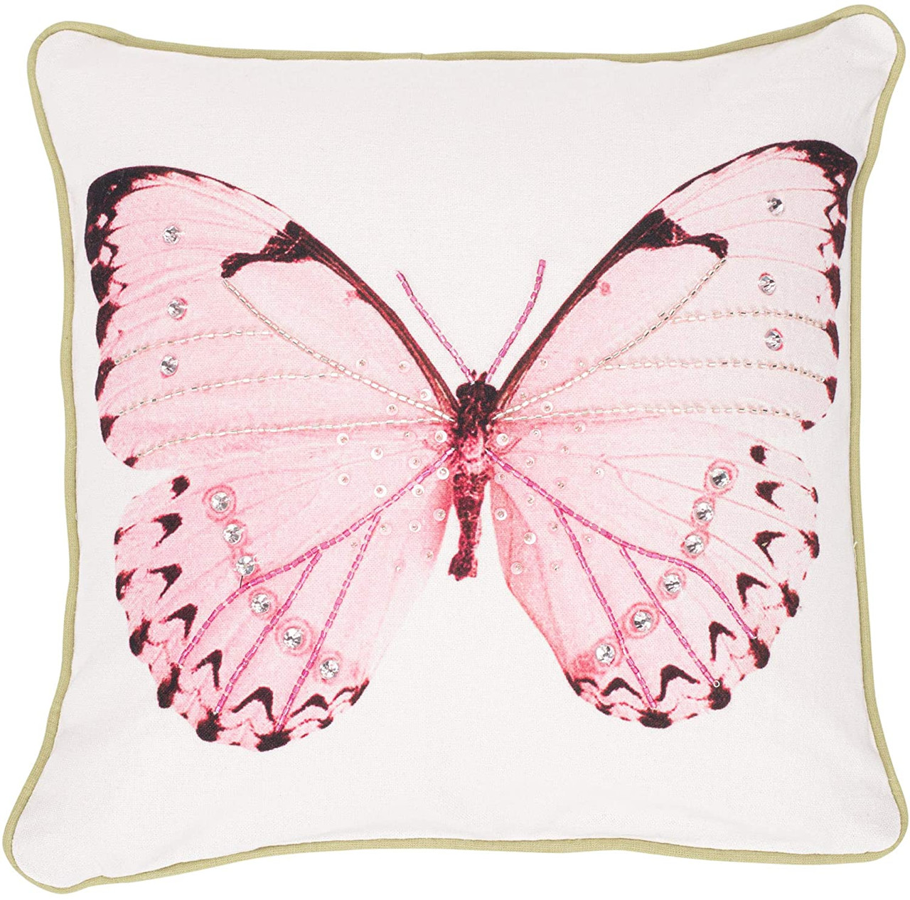 Pink Beaded Butterfly Pillow 12" x 12"