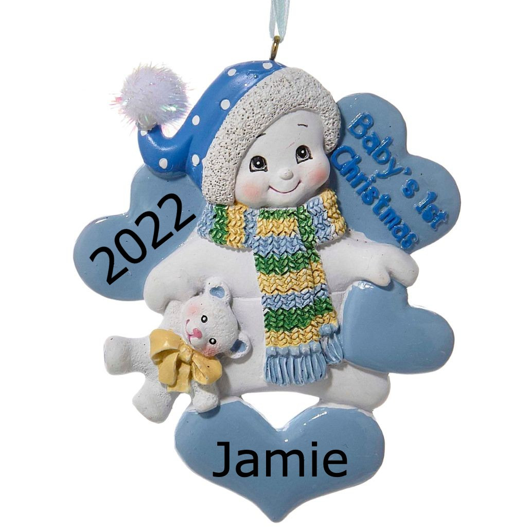 Personalized Blue Baby's 1st Christmas Snowman Ornament