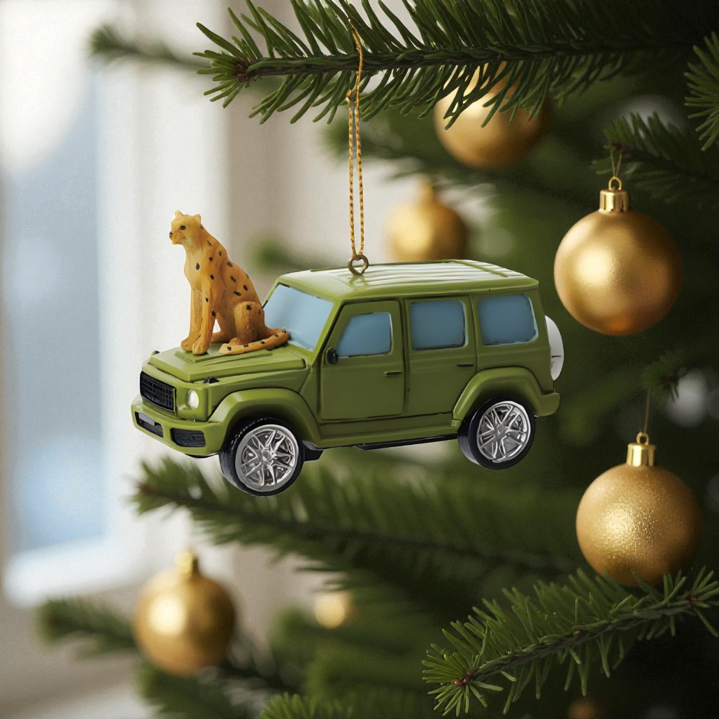 アクセサリー 2005JCCAClassicCarFestivalNEWYEARMEETING Safari Vehicle with Cheetahs Ornament – Light Green Resin | 4 Inch