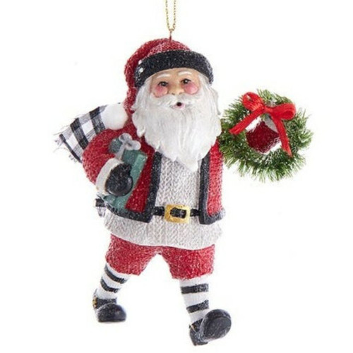 Gingham Holiday Santa With Wreath Ornament