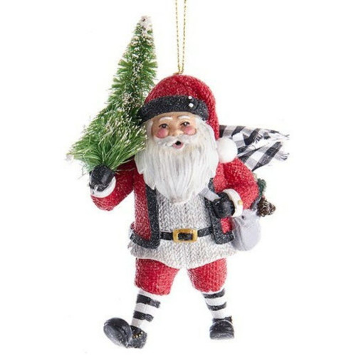 Gingham Holiday Santa With Tree Ornament