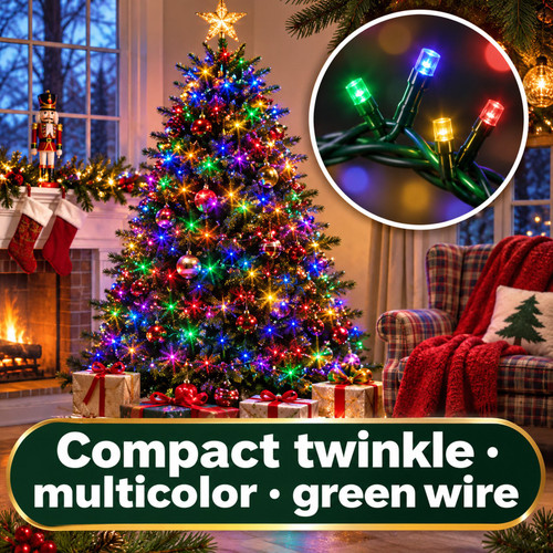 Lumineo Compact 500 LED Multi Color Lights On Green Wire - warm white LED lights on a decorated Christmas tree with a close-up of the bulbs