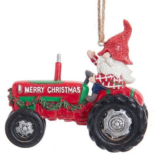 Farm Gnome Riding Tractor With Garland Ornament
