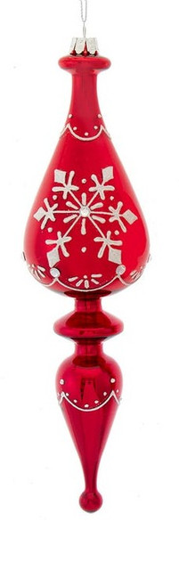 Glass Shiny Red Teardrop Finial With Snowflake Pattern Ornament
