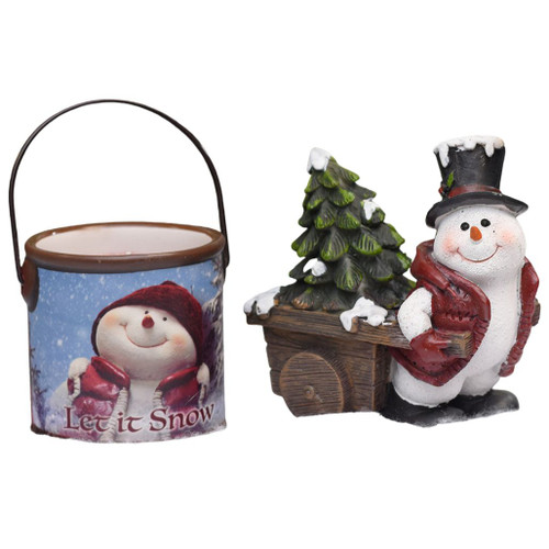 Willie Wheelbarrow Snowman Figurine and Juicy Apple Scented Candle Christmas Gift Set