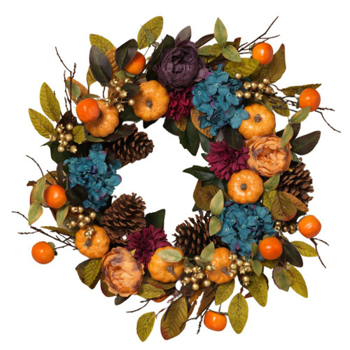 24" Harvest Wreath With Pumpkins, Mandarins, And Squash