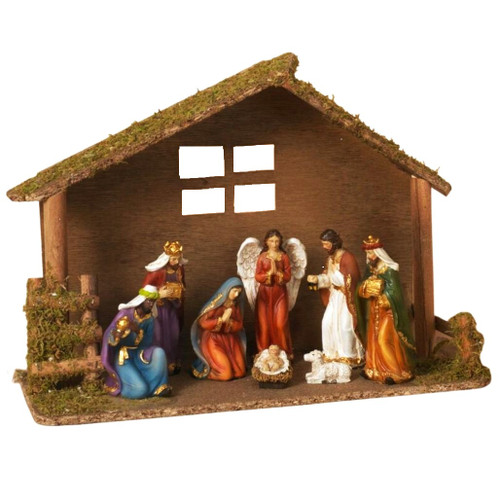 13 Inch Wood Nativity Stable with Figurines