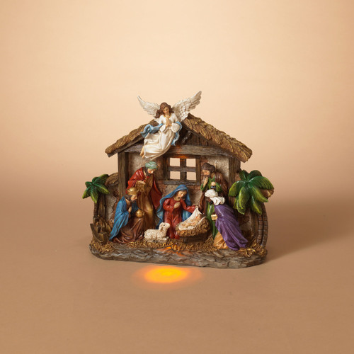 12.4" L Battery Operated Lighted Resin Nativity Stable with Figurines
