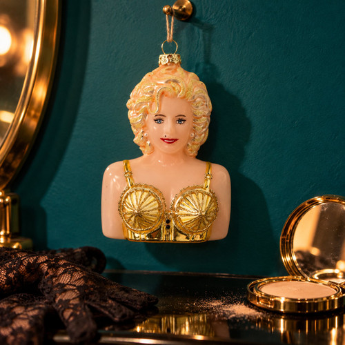 Cody Foster Madonna Ornament – glass Christmas ornament styled in a fun, eclectic home scene