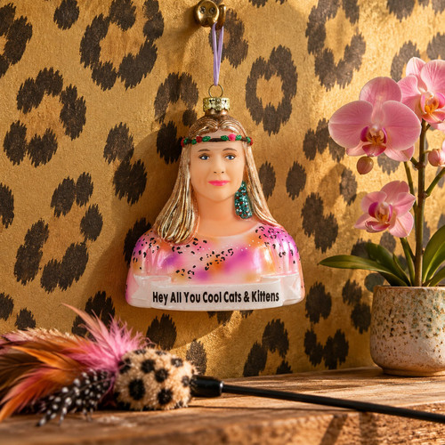 Cody Foster Carole Baskin Ornament – glass Christmas ornament styled in a fun, eclectic home scene