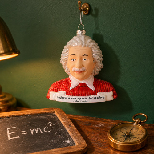 Cody Foster Albert Einstein Ornament – glass Christmas ornament styled in a fun, eclectic home scene