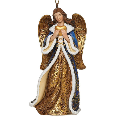 Gold And Blue Angel Ornament Holding A Heart 