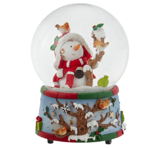 Musical Snowman Wearing A Winter Hat with Cardinal Water Globe
