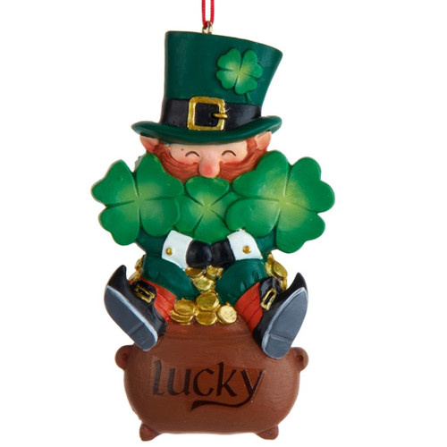 Irish Leprechaun Sitting On A Pot of Gold Ornament
