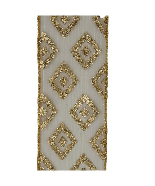 Sheer Gold With Gold Glittered Diamond Patterned Double Wire Ribbon