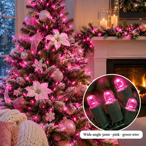UL 50-Light 5MM Pink LED Green Wire Light - warm LED lights on a decorated Christmas tree with a close-up of the bulbs