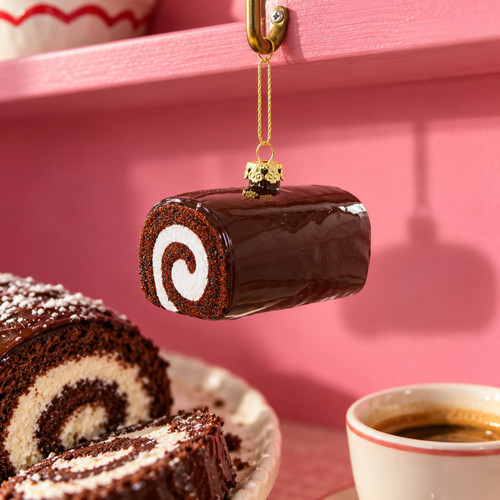 Cody Foster Chocolate Swiss Roll Glass Ornament – glass Christmas ornament styled in a fun, eclectic home scene