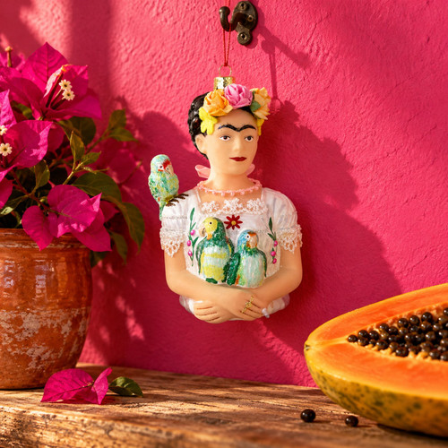 Cody Foster Frida Khalo With Parrots Blown Glass Ornament – glass Christmas ornament styled in a fun, eclectic home scene