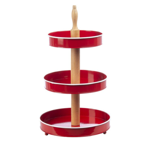 Ganz - Red & White Enamel Three Tier Pedestal Stand with Rolling Pin Handle
