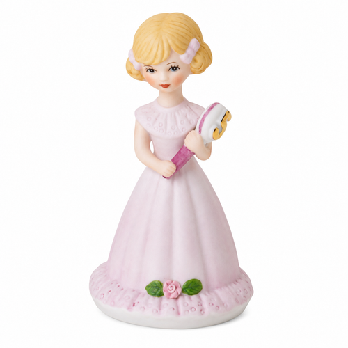 Front view of Growing Up Girls Blonde Age 5 porcelain bisque figurine in a powder pink dress holding a hand mirror with a gold number 5.
Blonde birthday figurine with matching pink hair bows, floral accents, and sculpted porcelain details.
4-inch porcelain bisque Growing Up Girls Age 5 collectible birthday keepsake.