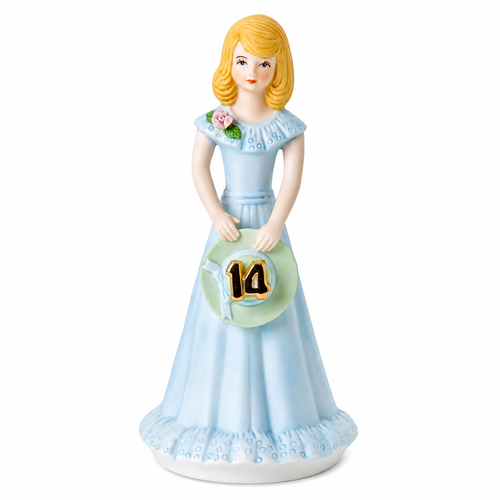 Front view of the Growing Up Girls Blonde Age 14 porcelain bisque figurine in a baby blue dress holding a sunhat with a gold "14."
Rear view of the Blonde Age 14 figurine showing the flowing blue dress, decorative bow, and sculpted hairstyle.
Collectible 6.5-inch porcelain bisque birthday figurine featuring a blonde girl with floral detail and a blue gown.