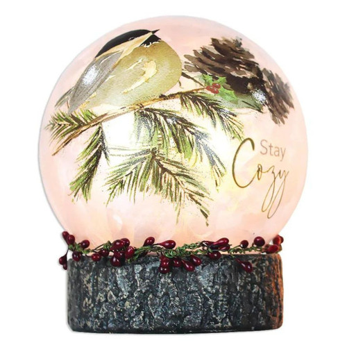 Stay Cozy Pinecone Lit Glass Ball On Base