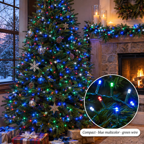 1000 LED Compact Blue Multi Color Lights On Green Wire - warm white LED lights on a decorated Christmas tree with a close-up of the bulbs
