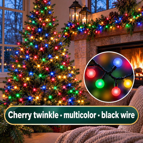 Lumineo 500 LED Color Cherry Compact Twinkle Lights Black Wire - warm white LED lights on a decorated Christmas tree with a close-up of the bulbs