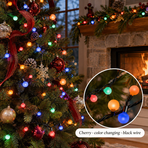 Lumineo 120 LED Multi Color Cherry Lights Black Wire - warm white LED lights on a decorated Christmas tree with a close-up of the bulbs