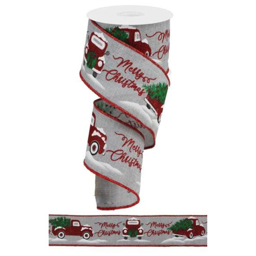 Merry Christmas Red Truck On Light Gray Linen Ribbon  10 Yards Long x 2.5 Inch Wide 