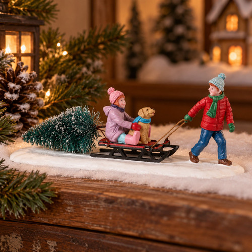 Lemax Bringing Home Our Tree – collectible Christmas village piece displayed in a cosy home