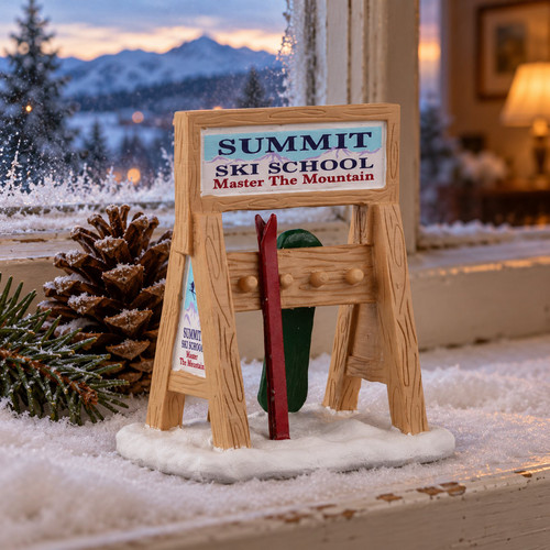 Lemax Ski Rack Sign – collectible Christmas village piece displayed in a cosy home