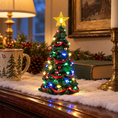 Lemax Joyful Christmas Tree – collectible Christmas village piece displayed in a cosy home