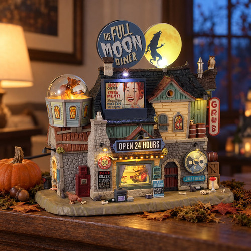 Lemax The Full Moon Diner – collectible Halloween village piece displayed in a cosy home