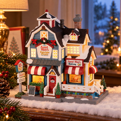 Lemax Aunt May's Pancake House – collectible Christmas village piece displayed in a cosy home