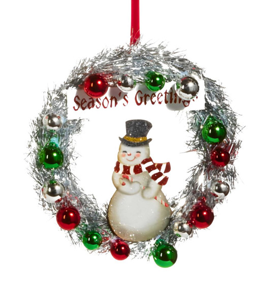 Vintage Snowman in Silver Wreath "Season's Greetings" Ornament