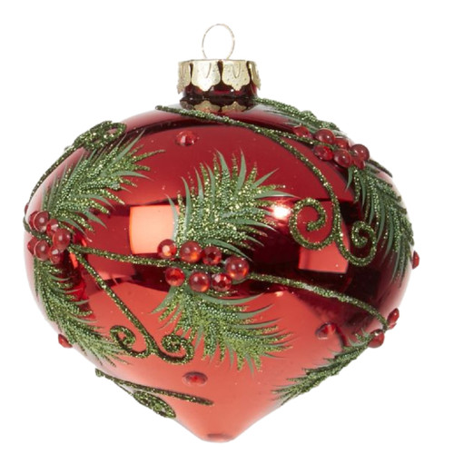 6" Onion Shaped Ornament Decorated in Green Leaf and Red Berries
