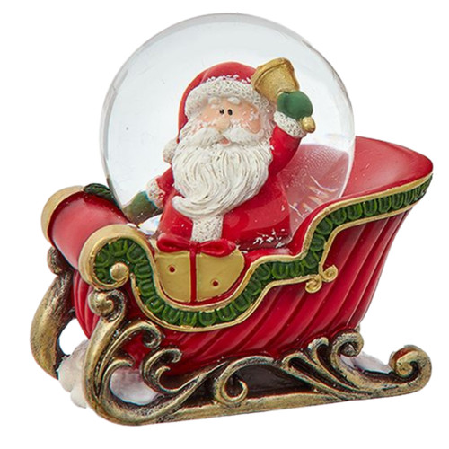 Santa Ringing Bell in Red and Gold Sleigh Snow Globe 