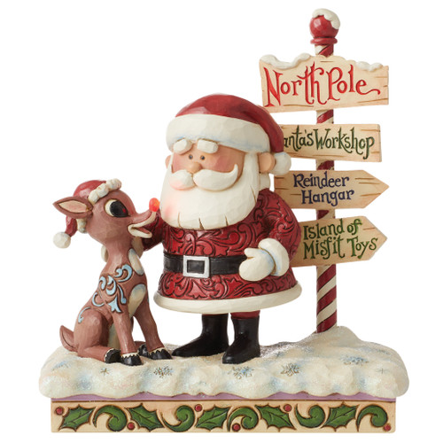 Jim Shore - Rudolph the Reindeer - Rudolph And Santa Next To Sign Figurine