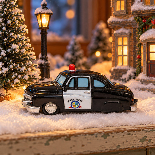 Lemax Police Squad Car – collectible Christmas village piece displayed in a cosy home