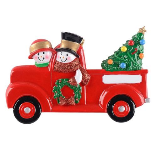 Personalized Snowman Couple In Red Truck Ornament