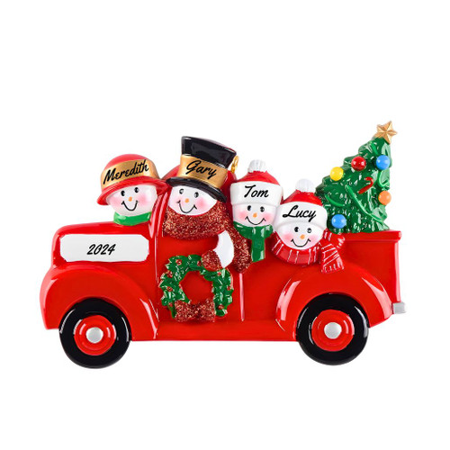 Personalized Snowman Family Of 4 In Red Truck Ornament
