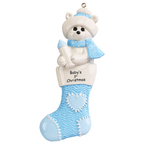 Personalized Babys First Christmas Polar Bear In Blue Stocking Ornament