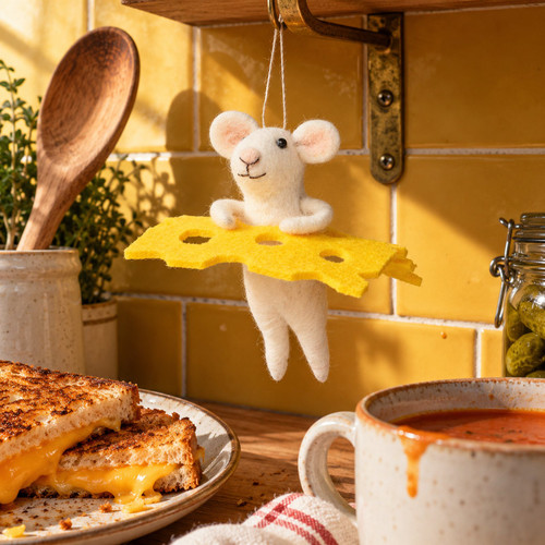Mouse Holding A Slice Of Cheese Ornament – styled in a fun, eclectic home scene
