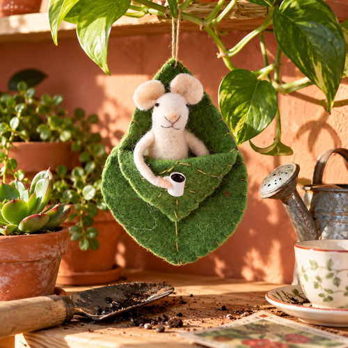 Felt Mouse In A Leaf Sleeping Bag Ornament – styled in a fun, eclectic home scene