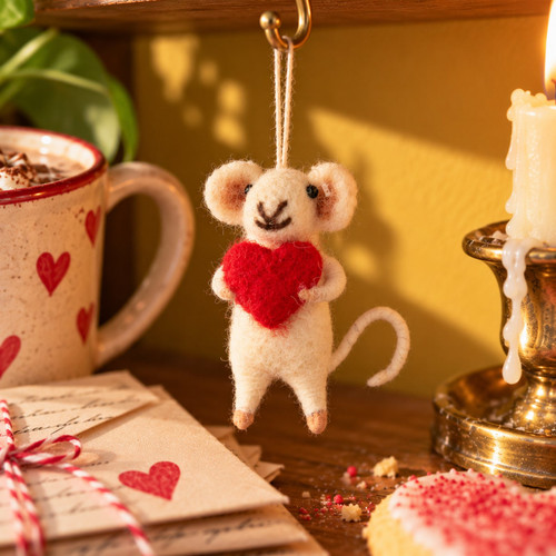 Felt Mini Mouse Holding A Heart Ornament – styled in a fun, eclectic home scene