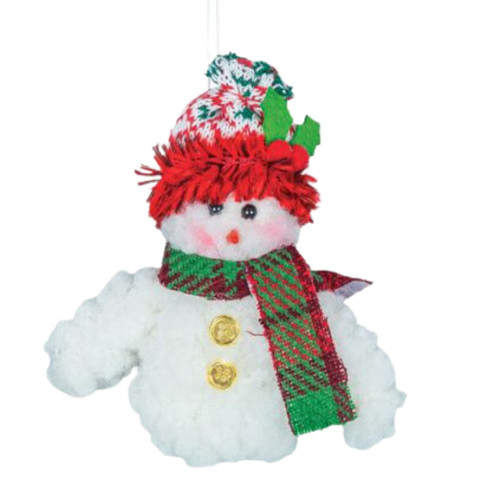 Fluffy Snowman With Plaid Scarf Ornament